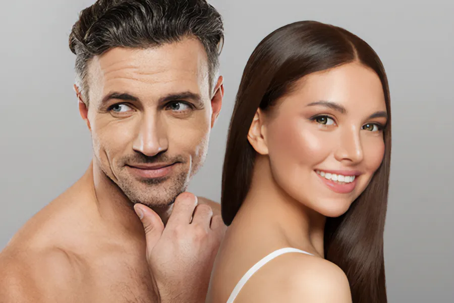 Aesthetics-Cosmetics-Doctor A handsome man and beautiful brunette woman stand against a gray background showing their smooth beautiful skin resulting from aesthetic and cosmetic care from Optimal Wellness Medical Group in Grand Rapids.