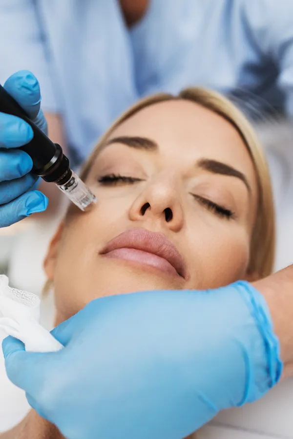 PRP-Microneedling-Treatment A woman receiving PRP microneedling and skin rejuvenation treatments from Optimal Wellness Medical Group in Grand Rapids.