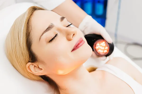 led-light-therapy-grand-rapids Close up of a woman with clear, smooth skin receiving Light Therapy for Skin. Schedule an LED Light Therapy consultation by Optimal Wellness Medical Group in Grand Rapids.
